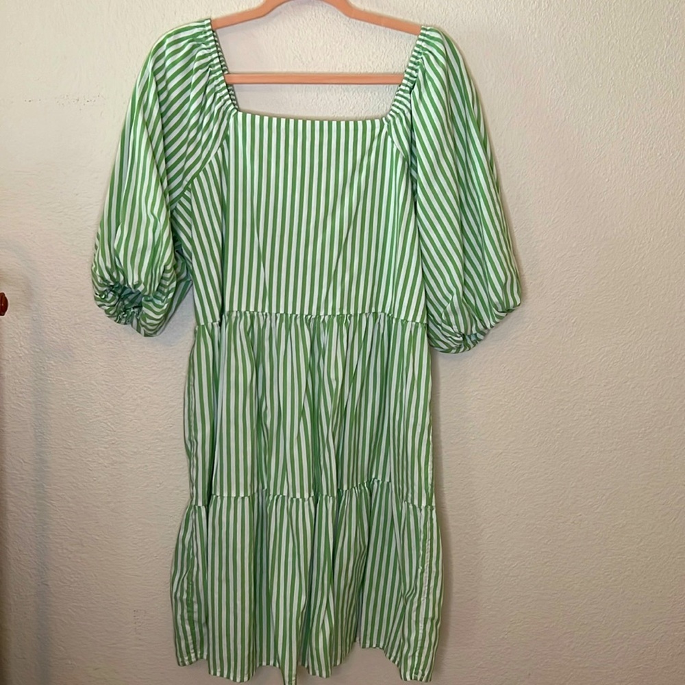 beachlunchlounge Green and White Striped Puff Sleeve Summer Dress